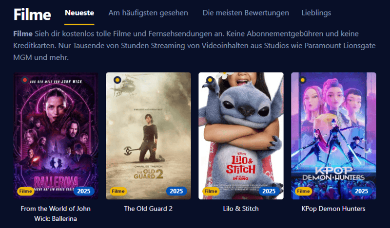 Ansicht der Kinokiste Seite im alten Stil mit grünem Text auf dunklem Hintergrund
